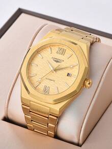 1pc Men's Automatic Mechanical Watch With Calendar, Steel Strap, Butterfly Buckle, Casual & Business - Gold - View 2