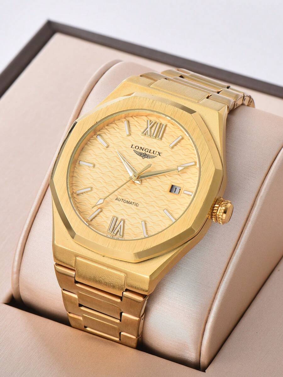 1pc Men's Automatic Mechanical Watch With Calendar, Steel Strap, Butterfly Buckle, Casual & Business