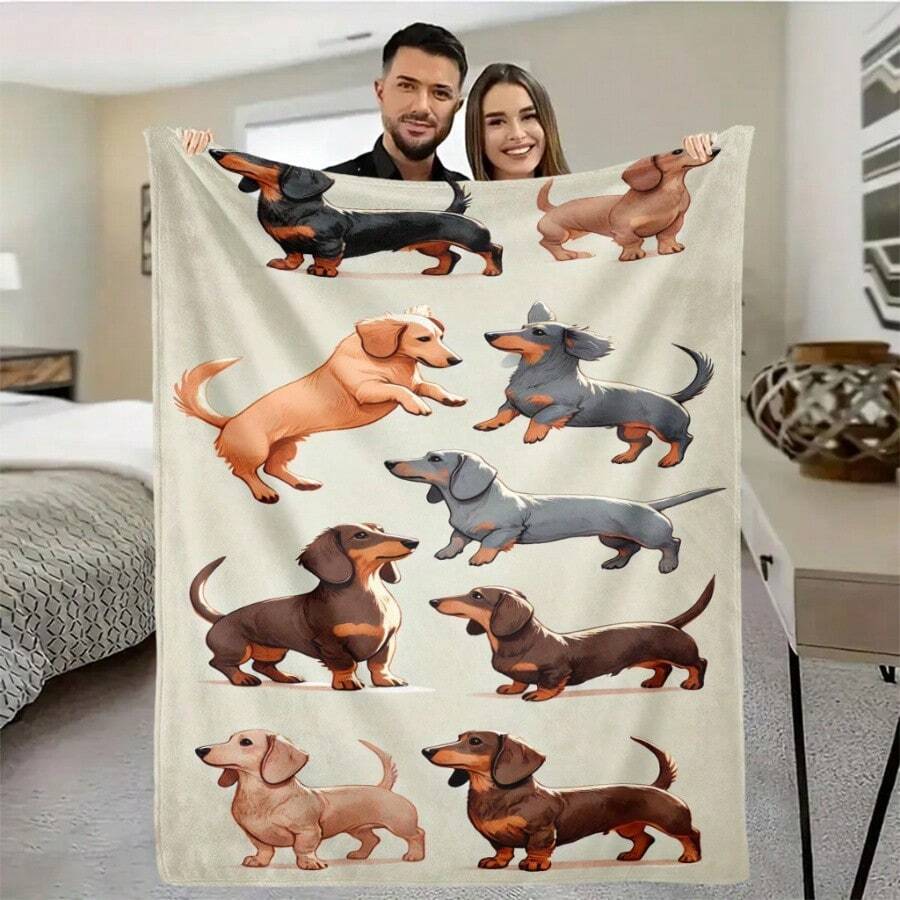 Blanket 1pc, Dachshund Ilration Collection, Soft Flannel Blanket, Comfortable And M Shawl Blanket, Digitally Printed Sofa Blanket, Air Conditioning Blanket, Nap Blanket, Suitable For All Seasons In The Car, Sofa, Bed, Trave - White - View 1