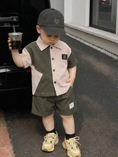 Bộ 2 món áo polo tay ngắn và quần short kiểu công sở phối màu thường ngày cho bé trai, trang phục thời trang cho mặc hàng ngày, đi chơi, phong cách đường phố, mùa xuân/hè.