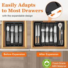 Kitchen Silverware Organizer For Drawer - Expandable Silverware Drawer Organizer Adjustable Utensil Drawer Holder, Flatware Cutlery Organizer For Spoons & Forks Kitchen Storage, Black, S - 黑色 - 查看 4