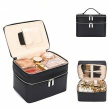Double Layer Makeup Vanity Case, Large Capacity Cosmetic Bag With Removable Divider & Brush Organizer, Travel Toiletry Bag For Women, Portable PU Leather Organizer With Handle - 黑色 - 查看 2