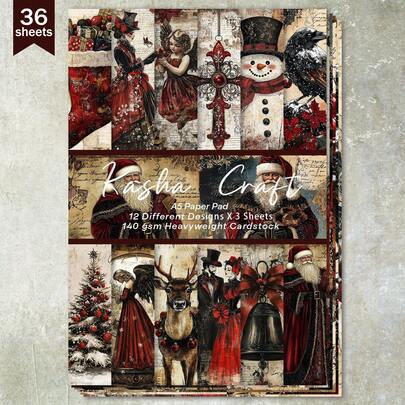 36 tờ giấy A5 màu đỏ đậm họa tiết ông già Noel và thiên thần, thích hợp làm giấy ghi chú, sổ lưu niệm, thiệp và đồ thủ công.