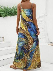 Dreamy Starry Sky Print Spaghetti Strap Maxi Dress, V-Neck Sleeveless Breathable Summer Dress, Bohemian Style Essential For Beach Vacation Elegant - Sea Blue - View 4