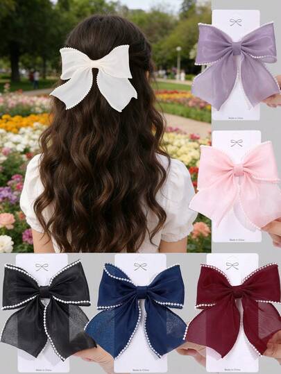 1个粉白相间的女童发夹，优雅蕾丝蝴蝶结发夹，珍珠镶边，适合女孩在假期、婚礼、派对、日常佩戴，鳄鱼夹带尾巴，青少年发饰（产品不含卡片）