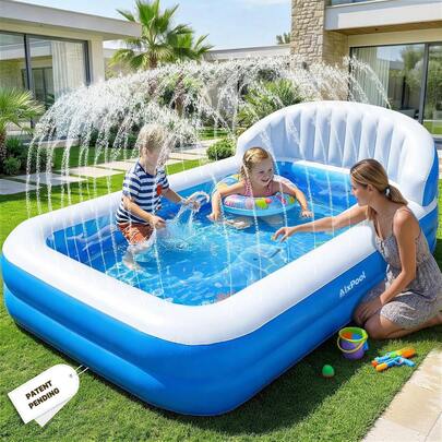 2026 Hot Spring Summer M Size Rectangle Inflatable Kids Pool, Durable Blow Up Swimming Pool With Built-In Sprinkler & Large Comfort Backrest, Small Portable Kiddie Water Pool, Summer Outdoor Water Entertainment Toy For Children, Ideal For Backyard Garden Party, Home Decoration & Outdoor Leisure Water Activities