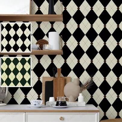 [ 2026 ورق جداري جديد ] 1 لفة من ورق الحائط الفينيل الهندسي الرجعي، ورق حائط شبكي لاصق قابل للتقشير والتركيب، نمط أسود وأبيض قابل للإزالة، مستخدم لديكور جدران المنزل والحمام والمطبخ وتزيين الخزائن