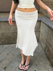 黑色褶裥腰身鱼尾中长裙，修身包臀裙，适合日常通勤，春季穿着。 - 白色 - 查看 3