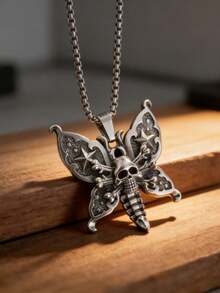 1pc Vintage Gothic Pentagram Skull Butterfly Pendant Necklace, Punk Motorcycle Riding Jewelry Gift For Men & Women - Fashion - View 7