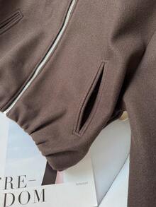 女士休闲优雅时尚宽松柔软纯色拉链长袖夹克，带口袋，米色飞行员夹克，适合音乐节/婚礼季、春夏穿着 - 咖啡棕 - 查看 10