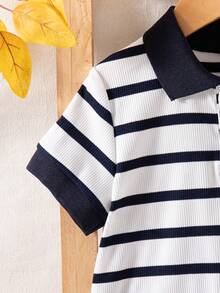 Baby Boys' Summer New Striped Pocket Short Sleeve Polo Shirt + Casual Solid Color Shorts Set, Suitable For Beach Vacation - Royal Blue - View 5