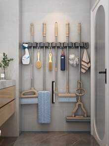 Adjustable Hook Space-Saving Mop Broom Holder, Wall-Mounted Storage Rack For Bathroom Kitchen Garden Garage, Tool Equipment Storage Solution With Shelf - Multicolor - View 2