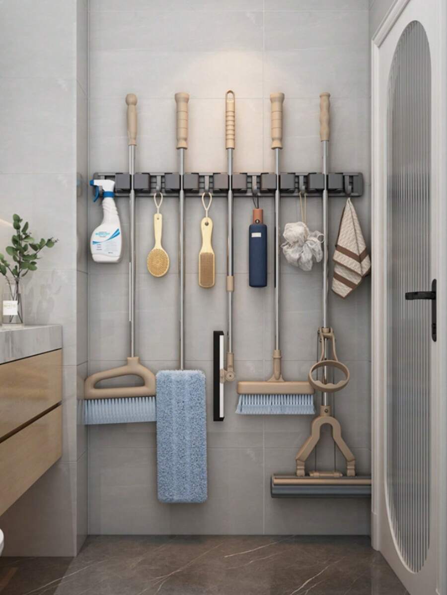 Adjustable Hook Space-Saving Mop Broom Holder, Wall-Mounted Storage Rack For Bathroom Kitchen Garden Garage, Tool Equipment Storage Solution With Shelf