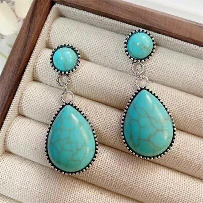 1 Đôi bông tai dáng giọt nước kiểu cung điện cổ điển bằng ngọc lam