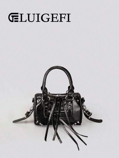 1pc Black Patchwork Rivet Studded Metal Tassel Zipper Decor Retro PU Material Belt Strap Adjustable Long Shoulder Strap Zipper Closure Fashion Retro Sweet Punk Y2K Style Square Handbag, Casual Low-Key Luxury Style Women Crossbody Bag Fits Phone, Cards, Suitable For Daily Travel, Shopping, New Year , Punk