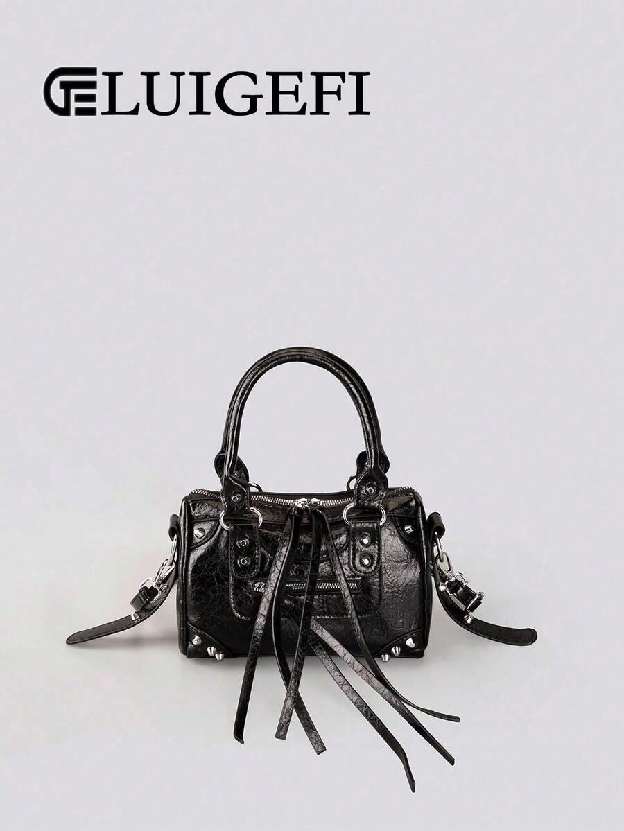 1 chiếc túi xách vuông phong cách retro punk Y2K màu đen phối đinh tán kim loại, khóa kéo trang trí, chất liệu PU, dây đeo có thể điều chỉnh độ dài, dây đeo vai dài, khóa kéo. Túi đeo chéo nữ kiểu dáng sang trọng giản dị, đựng được điện thoại, thẻ, thích hợp cho đi lại hàng ngày, mua sắm, dịp năm mới. - màu đen - Xem 1