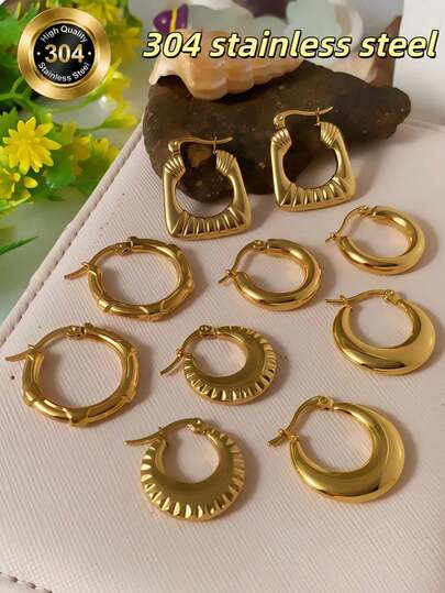 10pcs 18K Gold Earrings, Twisted Horn Bun Design, Small Hoop Earrings For Women, Jewelry Gift