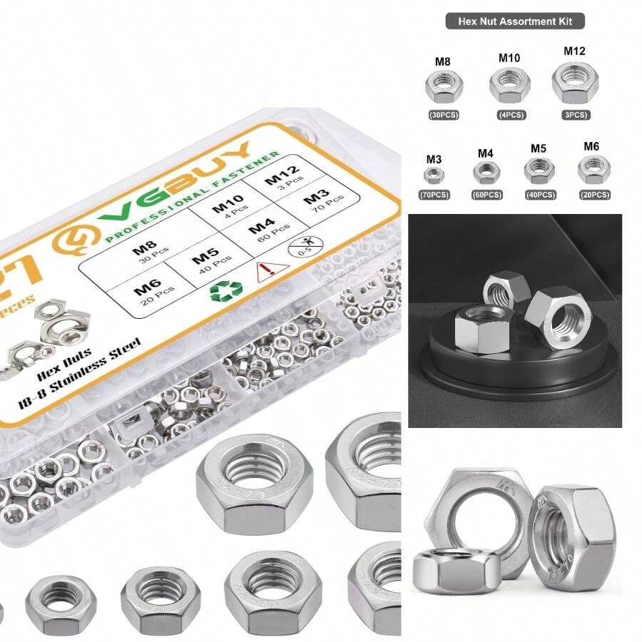 Bestselling 227pcs Metric Hex Nuts Assortment Kit M3 M4 M5 M6 M8 M10 M12, 304 Stainless Steel 18-8 External Hex Nut Set Hex Screw Nuts Hardware Nuts Producto Tendencia - B - 查看 1