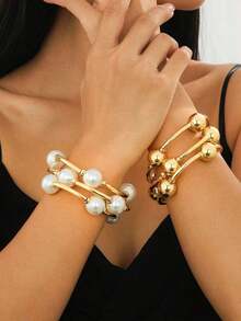 3pcs Vintage Chunky Gold/Silver/Pearl Bracelet Set, European And American Style, Suitable For Women's Beach, Dating, Fashion Shooting, Holiday Decoration, Charm Jewelry Gift - Nhiều màu - Xem 2