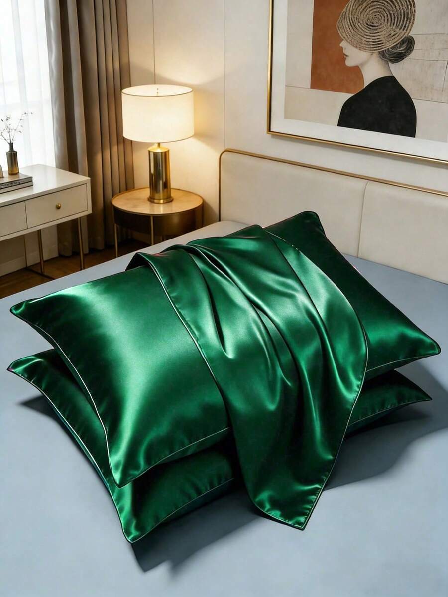 2pcs Satin Pillowcase, Soft & Smooth Pillowcase For Hair And Skin Care, With Envelope Closure (Pillow Insert Not Included) - Green - View 1