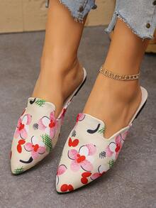 大码 35-45 女式尖头黑色套脚鞋，新款秋季户外日常乐福鞋，软底休闲套脚鞋，百搭单脚鞋，可搭配连衣裙，多种颜色可选 - 米白底-粉紅扶桑花 - 查看 4