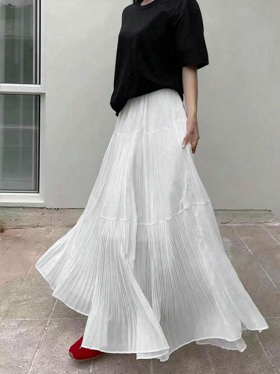 Chân váy xếp ly trắng EARO, chân váy dài dáng chữ A bằng vải chiffon mềm mại, thanh lịch và đa năng cho mùa xuân. - trắng - Xem 1