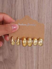 3-9 Pairs Multi-Style Gold Stud Earrings Set, Asymmetrical Textured Water Drop C-Shaped Metallic Earrings, Niche Design Versatile Commuter Earrings For Women - Gold - View 2