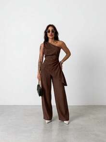 Elegant Asymmetrical Tailored Wide-Leg Pants And Blouse Set - 鏽棕色 - 查看 1
