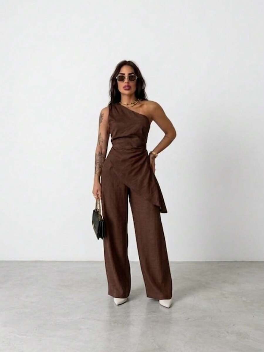 Elegant Asymmetrical Tailored Wide-Leg Pants And Blouse Set - 鏽棕色 - 查看 1