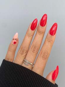 24 pièces Ongles à presser de forme amande courte, manucure rétro classique avec contraste de couleurs, imprimé cœur et ton de base rouge vif, design colorblocking vibrant, style chic et festif, convient pour les tenues de printemps/automne, les rendez-vous ou les déplacements, lumineux et polyvalent - Multicolore - Voir 1