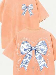 2026 Summer Clothes(230g T-Shirt) Oversized Washed Cotton "Faith Over Fear" Floral Graphic Christian T-Shirt, Casual Soft Short Sleeve, Breathable Ret - 橘色 - 查看 5