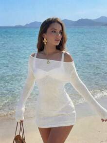 Vacation Beach Solid Color Knit Fitted Mini Cover-Up Dress White Summer - White - View 6