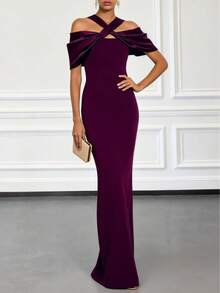 女士红十字吊带露肩连衣裙，优雅夏季性感修身派对婚礼宾客晚礼服，适合鸡尾酒会、舞会、毕业典礼、海滩度假、生日派对、正式场合、伴娘、周年纪念等春季穿着。 - 酒紅色 - 查看 5