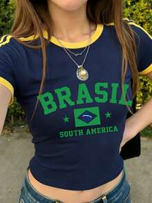 Women's Summer New Minimalist Navy Contrast Yellow Edge LONDON Print Casual Round Neck Short Sleeve T-Shirt, Fashionable And Versatile - Blue - View 6