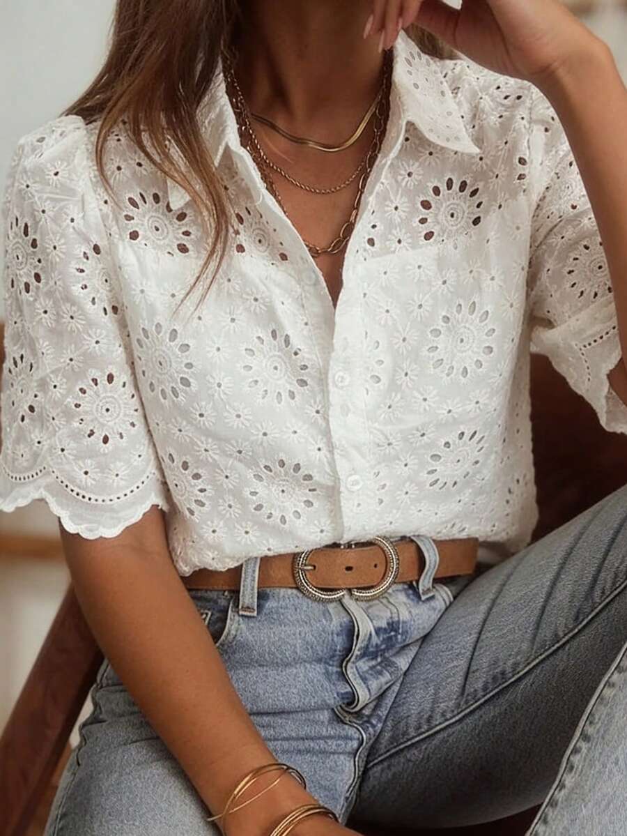 Áo kiểu nữ Look Polly mùa hè phong cách Bohemian Pháp màu trắng khoét lỗ thêu họa tiết, tay ngắn, cổ bèo nhún, thích hợp cho kỳ nghỉ biển, tiệc tùng và mặc thường ngày. - trắng - Xem 1