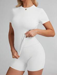 6pecil Áo thun nữ màu trơn, thích hợp cho yoga, tập gym, trang phục yoga mùa hè cho nữ, trang phục thể thao ngoài trời, dáng ôm và thoải mái, phù hợp với nhiều dáng người. - trắng - Xem 7