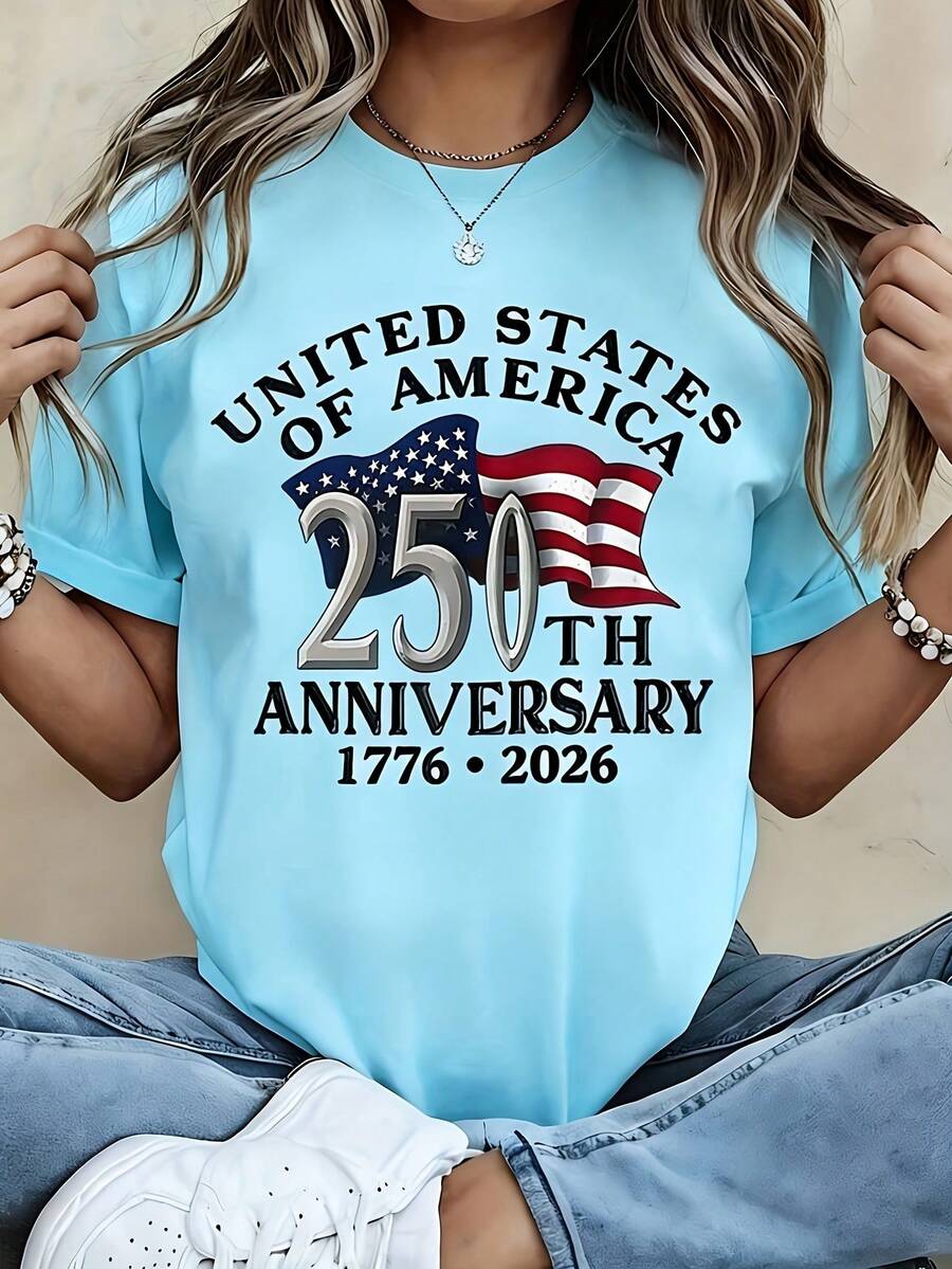 American Independence 250th Anniversary Patriotic Theme Women's T-Shirt - 1776-2026 Independence Day Design, Featuring The American Flag And The Words - 藍色 - 查看 1
