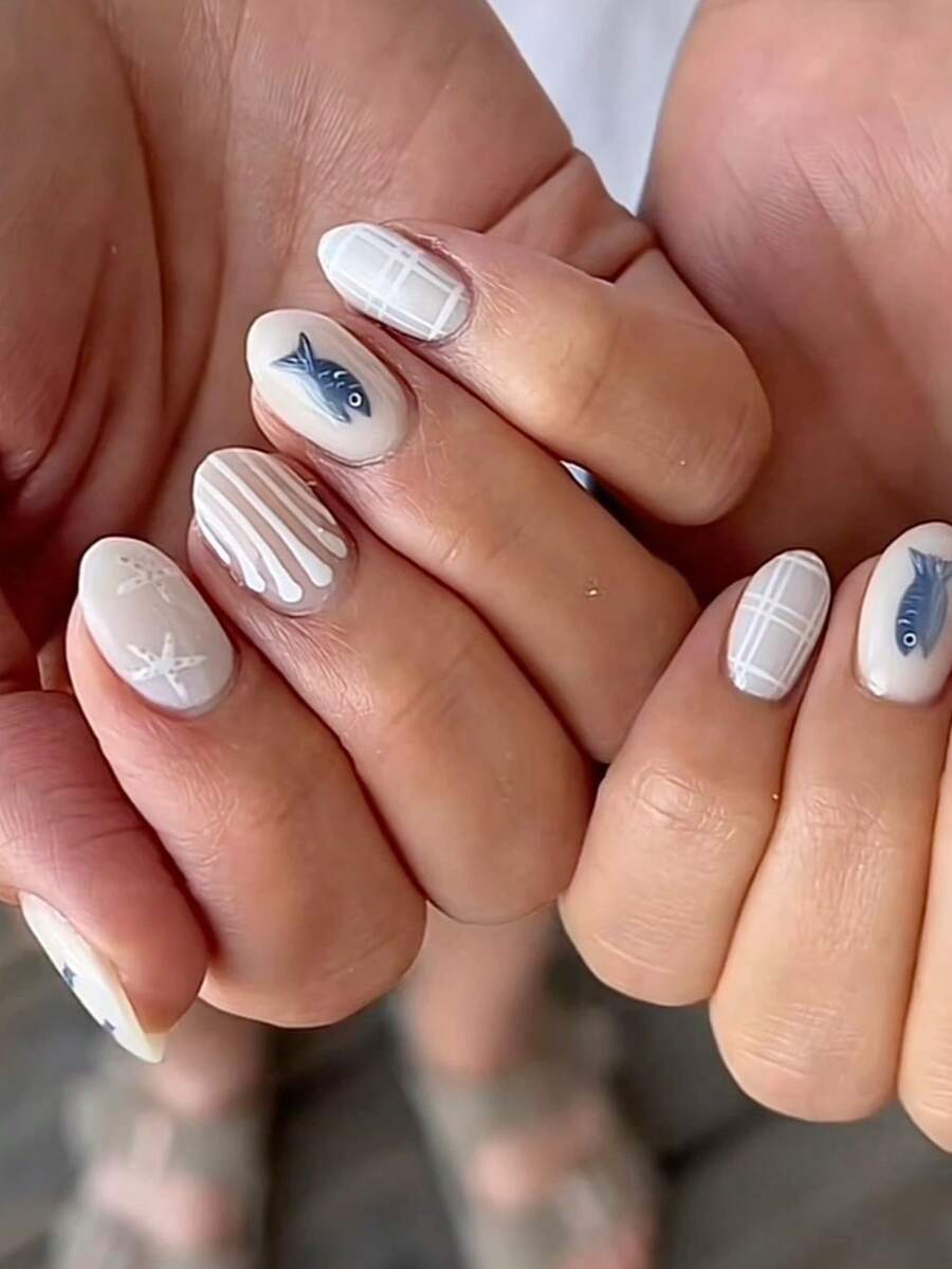 24pcs Short Oval-Shaped Artificial Nails, Summer Beach Shell & Starfish Plaid Design, Suitable For Vacation Or Daily Wear, Detachable Nail Tips With 1pc Jelly Gel And 1pc Nail File - Multicolor - View 1