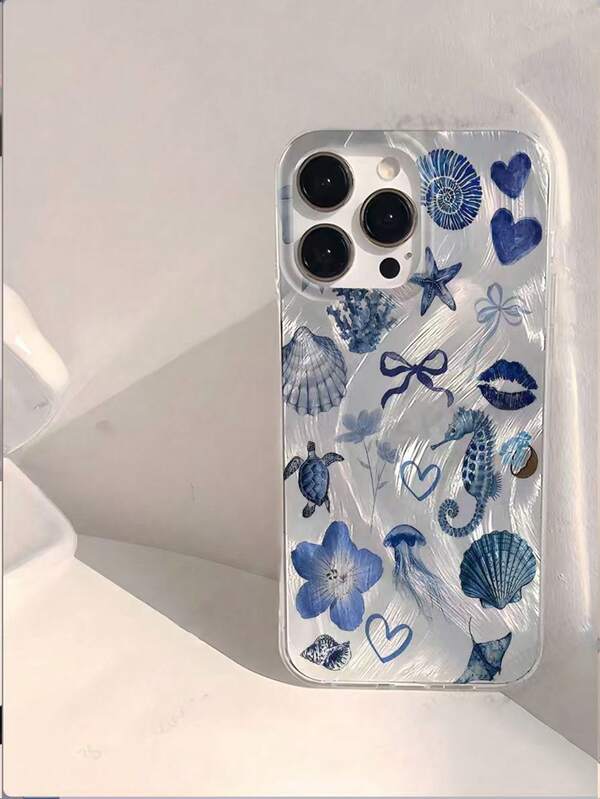 1個 青色の貝殻とウミガメのグラフィック 防水・指紋防止・傷防止 透明IMD ソフト 光沢スムーズ スマホケース