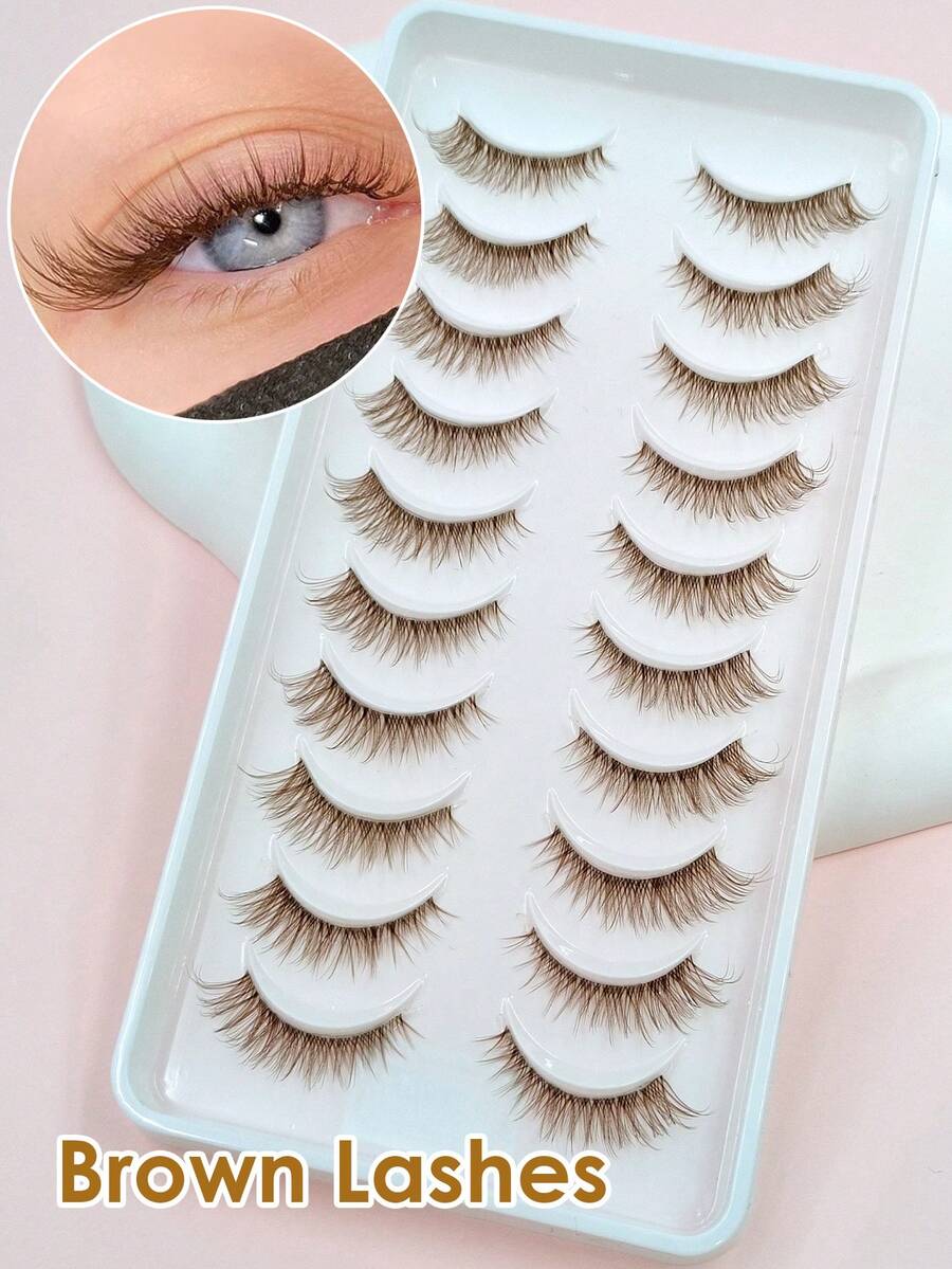 Rikuaild 10 Pairs Brown Lashes Wispy False Eyelashes - Natural Long Lashes Clear Band Reusable Brown Eyelashes - Brown - View 1