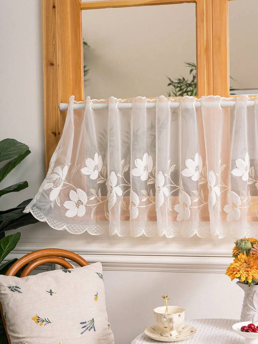 1pc French Pastoral Floral Embroidered Curtain, Cafe Curtain, Room Divider - Beige - View 1