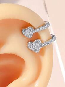 1 pieza Pendiente de oreja con forma de corazón de cobre con doble circonita de moda para mujeres - Amarillo Oro - Ver 1