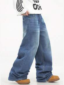 1 chiếc quần jeans nam Justice Brother dáng rộng, chất liệu denim đã qua xử lý, kiểu dáng thường ngày, ống rộng (không bao gồm thắt lưng và phụ kiện) - Rửa tối - Xem 5