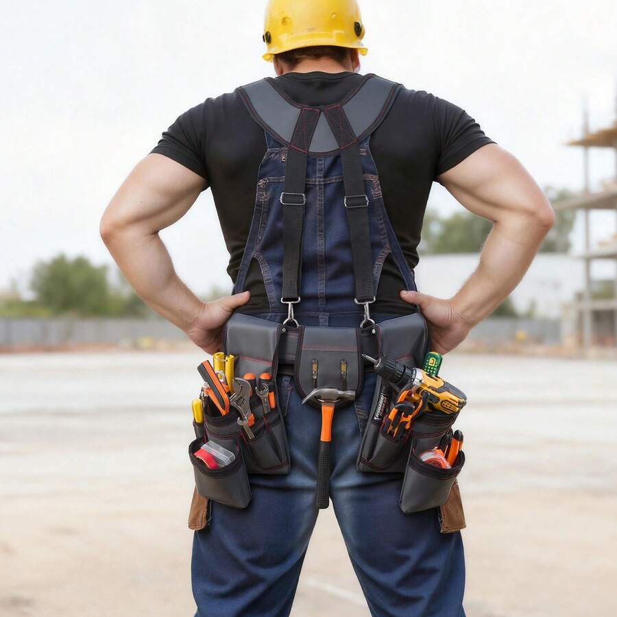 Tool Belt, 22 Pockets Tool Pouch With Suspenders For Men, Heavy Duty Adjustable Utility Belt Bag Suspenders For Electrician, Carpenter, Construction, Work Apron Organizer Waist Adjust 32 To 68in - Strappy Style, Regular Style, Double Waist Bag, Gray - View 1