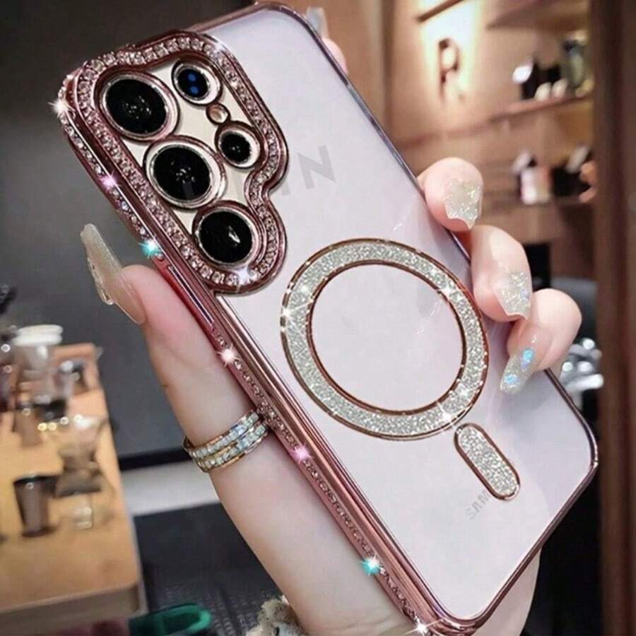 Capas de celular luxuosas e brilhantes com moldura banhada a diamante para Galaxy A17, A56, A36, A26, A16, A55, A35, A25, A15, A34, A54, A14 e A05S; capas magnéticas elegantes para S25, 24, 23, S22 Ultra, S24 FE e S25 Edge; acessórios de celular modernos e elegantes com designs embutidos; conjuntos estilosos para casais. - Rosa - Ver 1