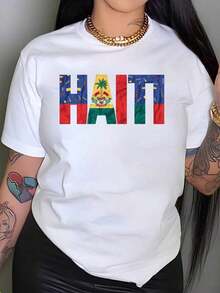 Haiti-Abzeichen-Print-Shirt aus Baumwolle, lässiger Stil, Rundhalsausschnitt, atmungsaktiv, bequem, Alltagsoutfit - Schwarz - Übersicht 5