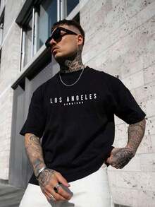 Men's Graphic T-Shirt With Lettering, Emo Style, 2000s - Black - View 1