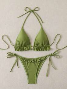 Swim Mod Traje de baño para mujer, conjunto de bikini de dos piezas con cuello de halter, volantes y lazo en unicolor para el verano - Multicolor 4 - Ver 10