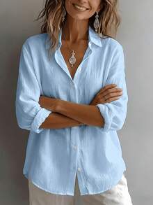 Women's Elegant Resort Style V-Neck Top, Loose And Relaxed Linen Blend Shirt, Suitable For Commuting, Casual, And Artistic Styles, Slimming And Flattering, Everyday Chic, Loose-Fitting, Draping, Breathable, Comfortable, And Relaxed Style. - Màu xanh lam - Xem 6