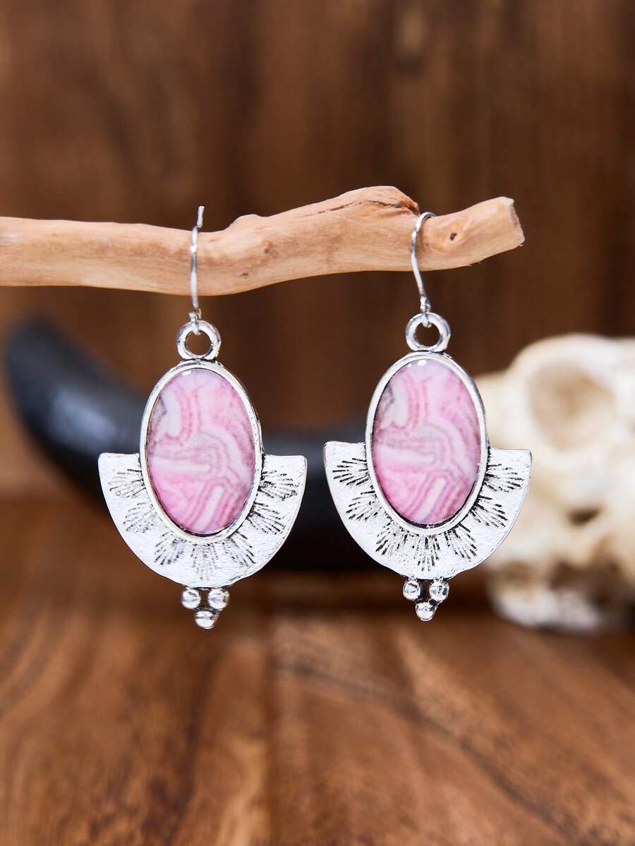 Khuyên tai nữ kiểu retro phương Tây hình bán nguyệt, hình bầu dục, màu hồng, làm từ hợp kim, có miếng dán, kiểu dáng bohemian mới, phụ kiện denim dành cho nữ. - Nhiều màu - Xem 1